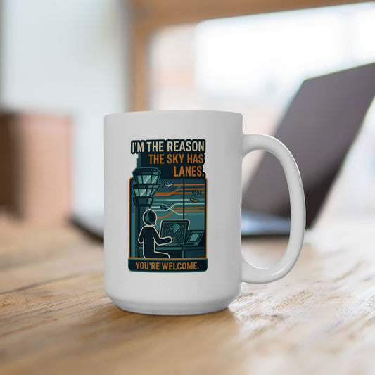 White mug with a graphic design on a wooden surface