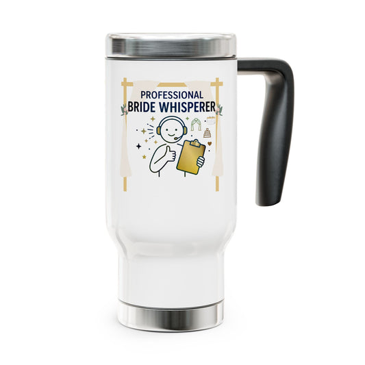 White travel mug with 'Professional Bride Whisperer' text and graphics on a beach setting