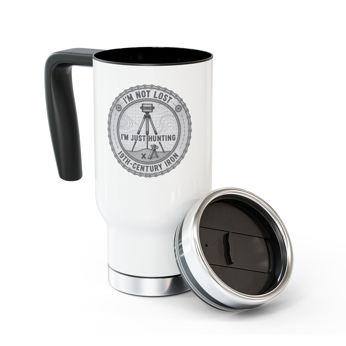 White travel mug with black handle and New Balance logo on a white background