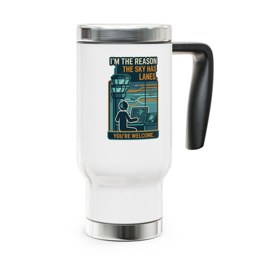 Travel mug with a design and text on a white background