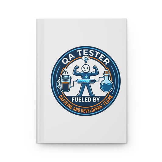 QA(Quality Assurance) Tester Funny Design- " Fueled by caffeine and developers' tears"- 150(75 sheets) Lined Pages Hardcover Notebook