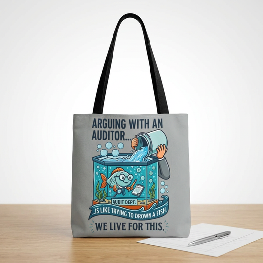 Auditor Funny Design/Gift- “Arguing with an auditor is like trying to drown a fish. We live for this”- 13x13/16x16" Polyester Tote Bag with 5 Handle Colour Options