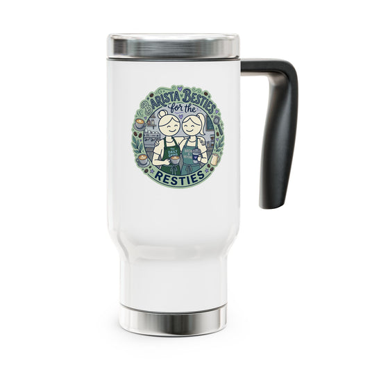 White travel mug with a handle featuring a graphic design on a white background
