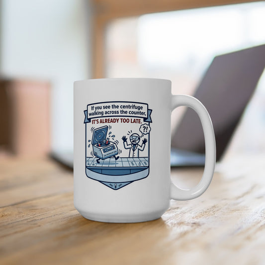 White mug with a humorous design on a wooden surface