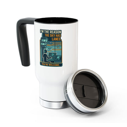 White travel mug with black interior and handle, featuring a humorous graphic and text.