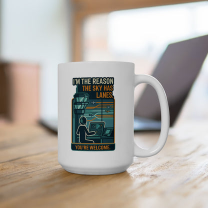 White mug with a graphic design on a wooden surface