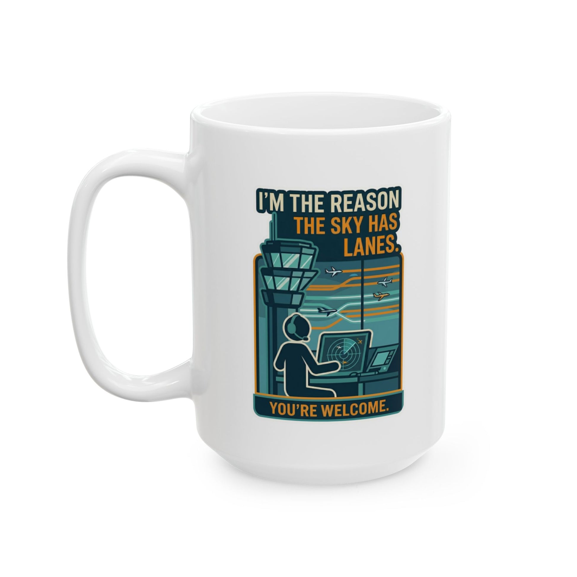 White mug with a graphic design and text on a white background