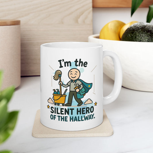 Custodial Design "I'm the silent hero of the hallway" | Custodial Gift- 11oz/ 15oz Ceramic Coffee Mug