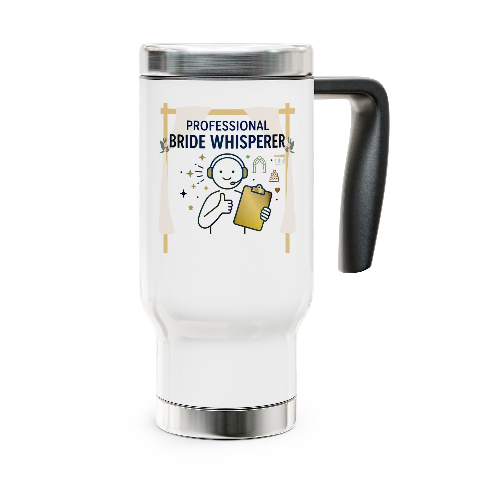 White travel mug with 'Professional Bride Whisperer' text and graphics on a beach setting