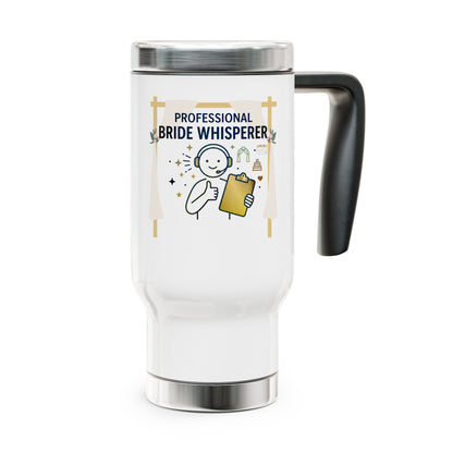 White travel mug with 'Professional Bride Whisperer' text and graphics on a beach setting