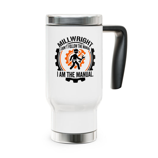 White travel mug with black handle featuring a millwright design and text on a white background