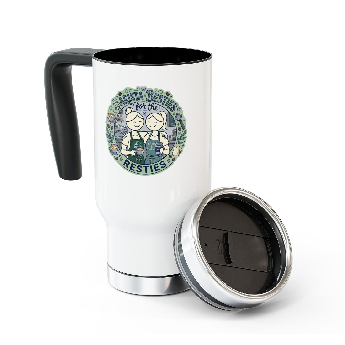 White travel mug with black handle and lid, featuring a design on the front.