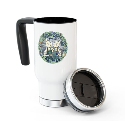 White travel mug with black handle and lid, featuring a design on the front.