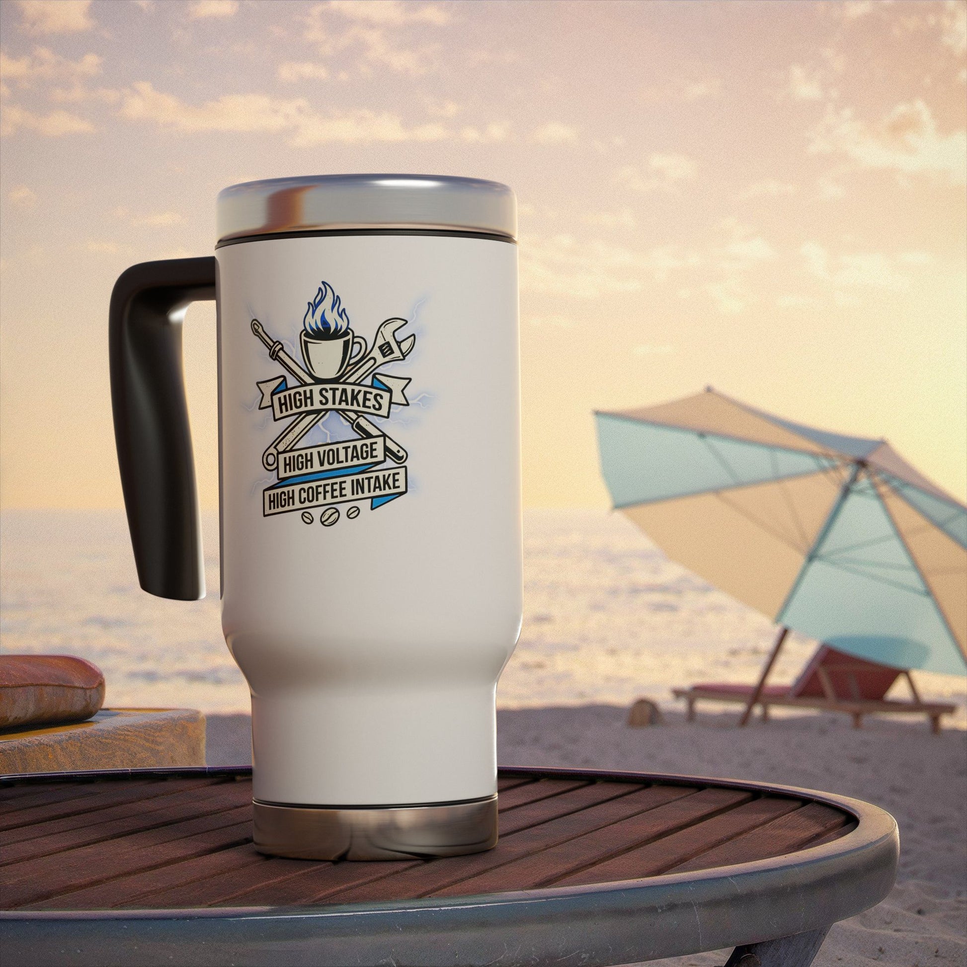 high stakes,high voltage, high coffee intake- travel mug design for electrical lineworker
