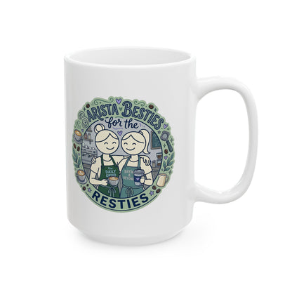 White mug with a graphic design of two baristas and text 'Arista Besties for the Resties' on a white background