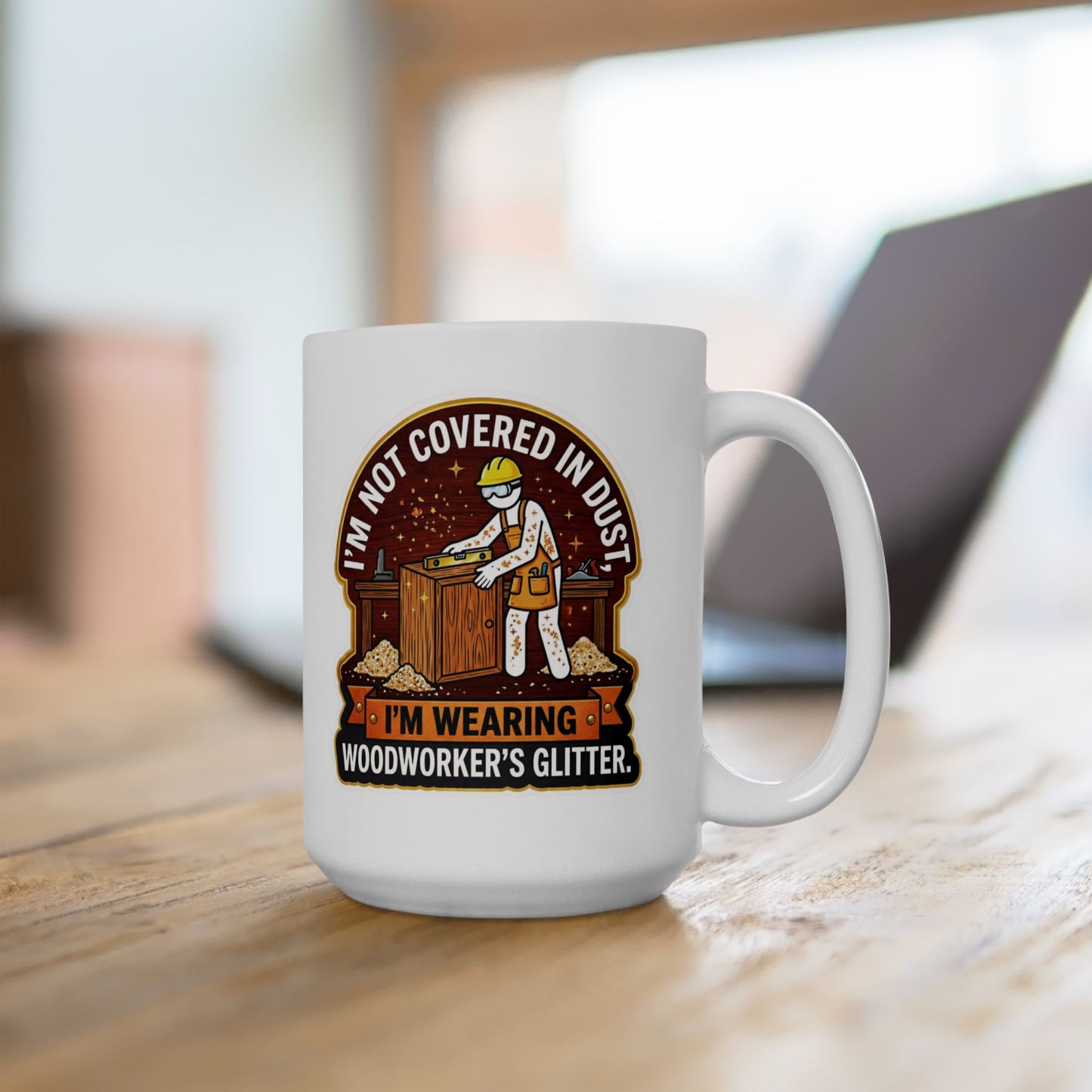 White mug with a graphic design on a wooden surface