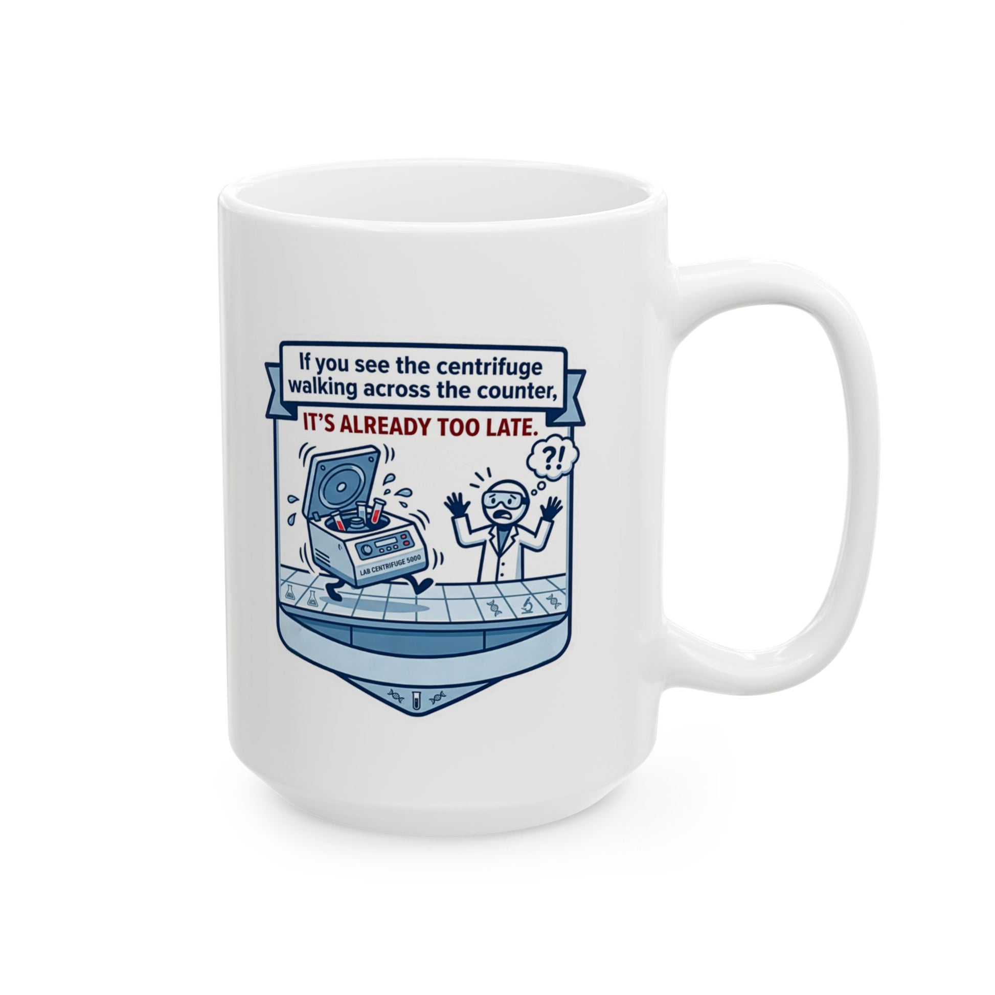 White mug with a humorous centrifuge graphic and text on a white background