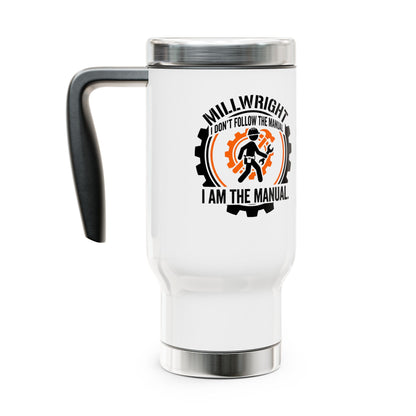 White travel mug with black handle featuring a millwright design and text on a white background