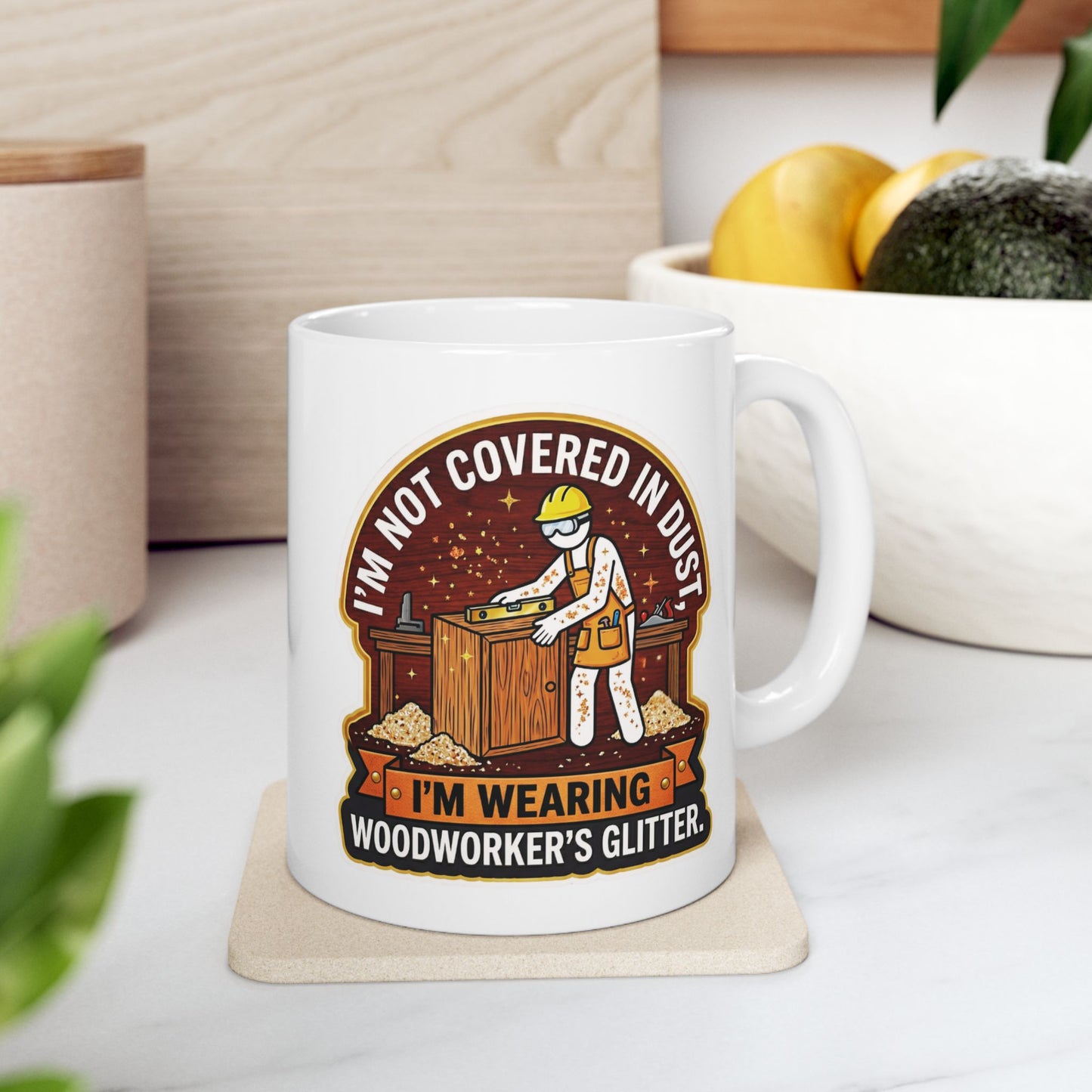 White mug with a graphic design featuring a woodworker and text on a white surface.
