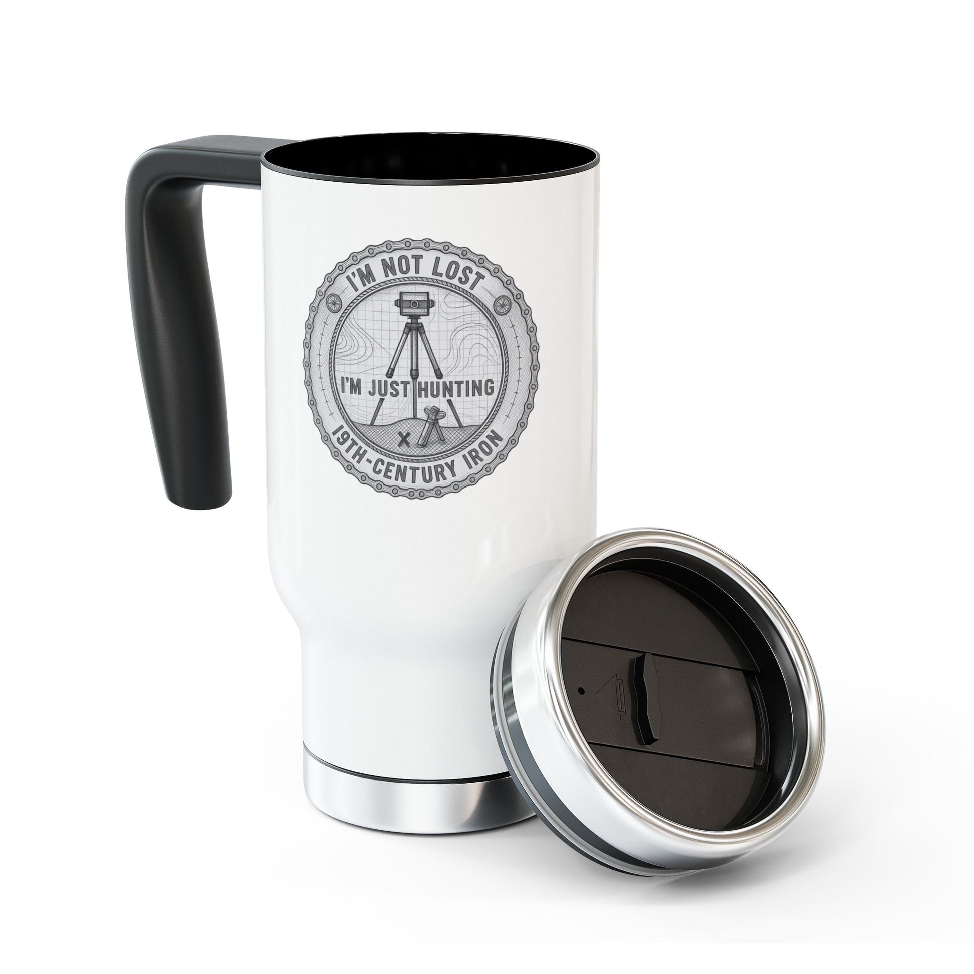 White travel mug with black handle and New Balance logo on a white background