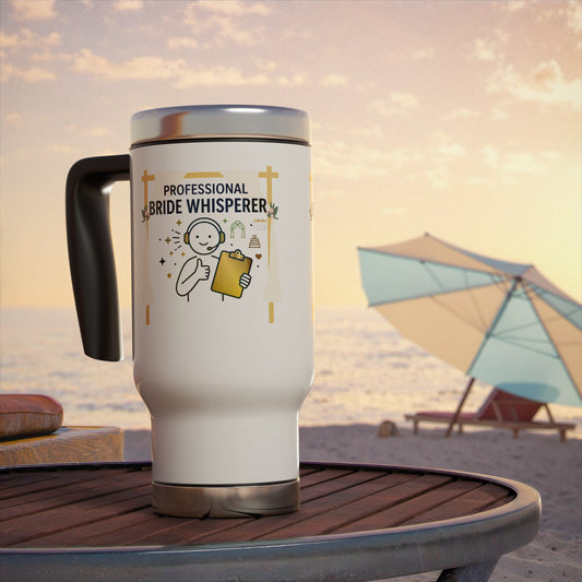 White travel mug with 'Professional Bride Whisperer' text and graphics on a beach setting