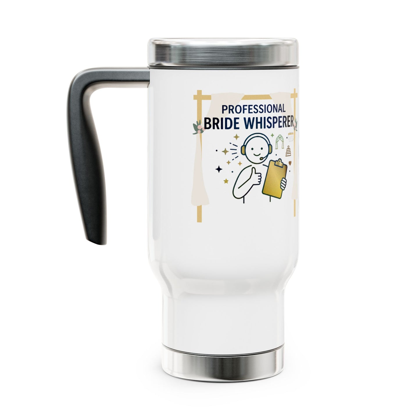 White travel mug with 'Professional Bride Whisperer' text and graphics on a beach setting