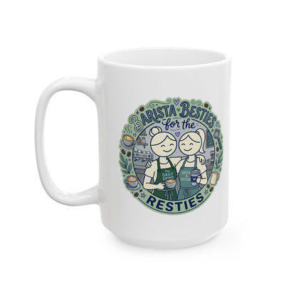 White mug with 'Barista Besties for the Resties' design featuring two baristas and coffee-themed illustrations.