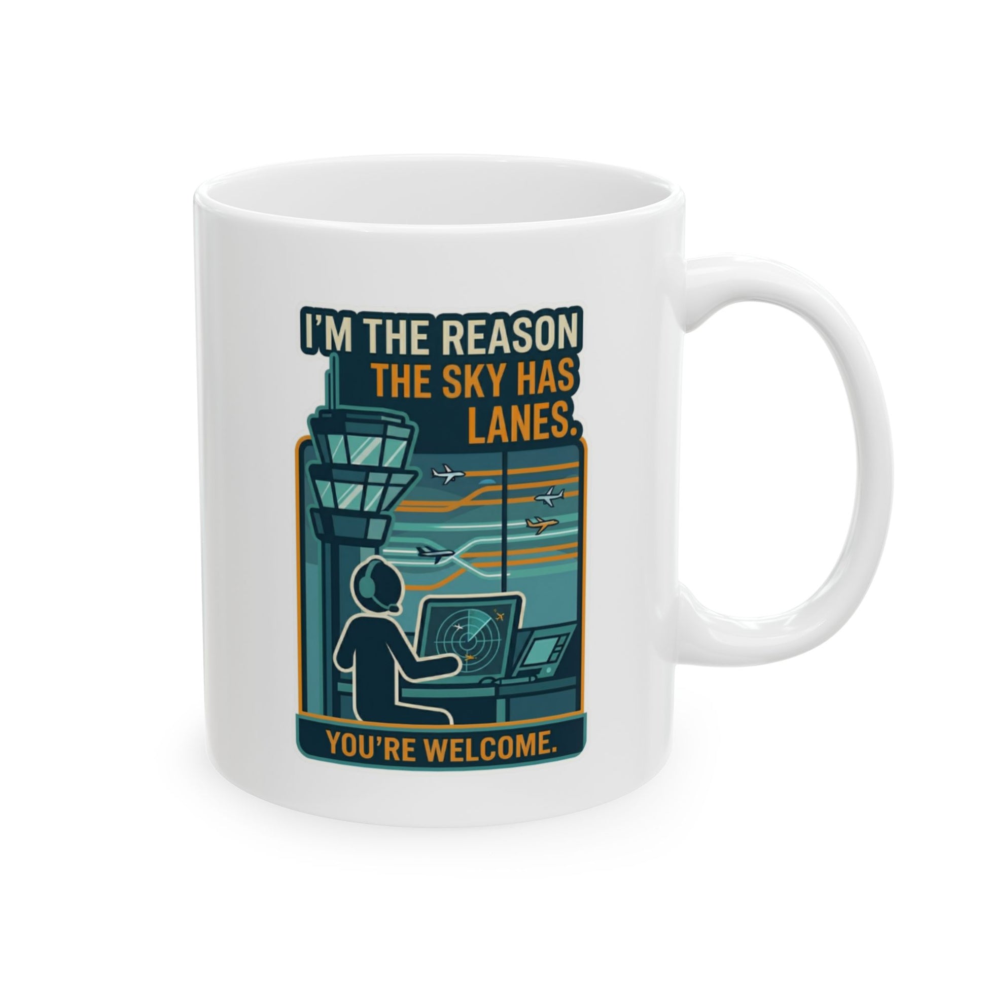 White mug with a graphic design featuring text and an illustration of a control tower.