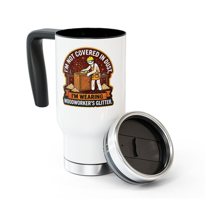 White travel mug with black interior and handle, featuring a graphic design and text on a white background.