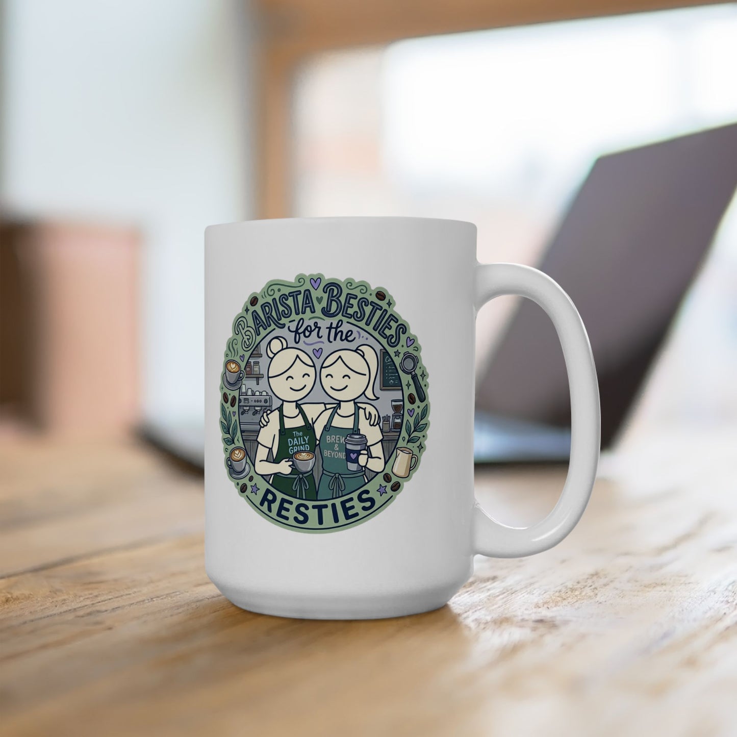 White mug with a design of two people holding hands and text on a wooden surface.