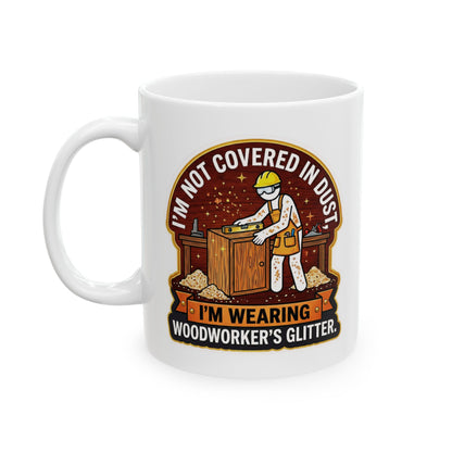 White mug with a graphic of a woodworker and text on a white background
