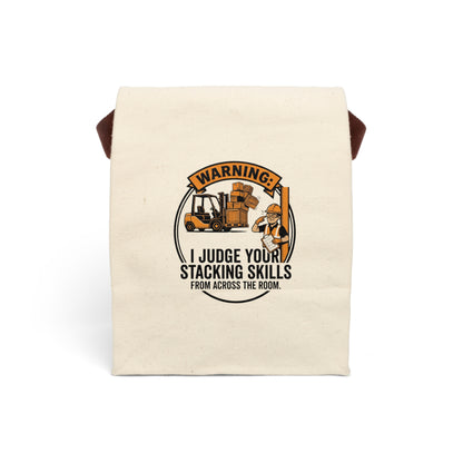 Funny Forklift Operator Gift- "Warning: I judge your stacking skills from across the room" design- Canvas Lunch Bag