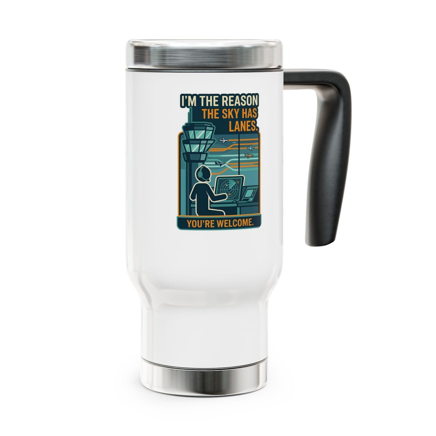 Travel mug with a design and text on a white background