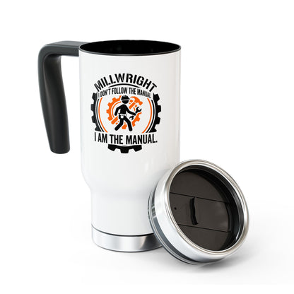 White travel mug with black handle featuring a millwright design and text on a white background