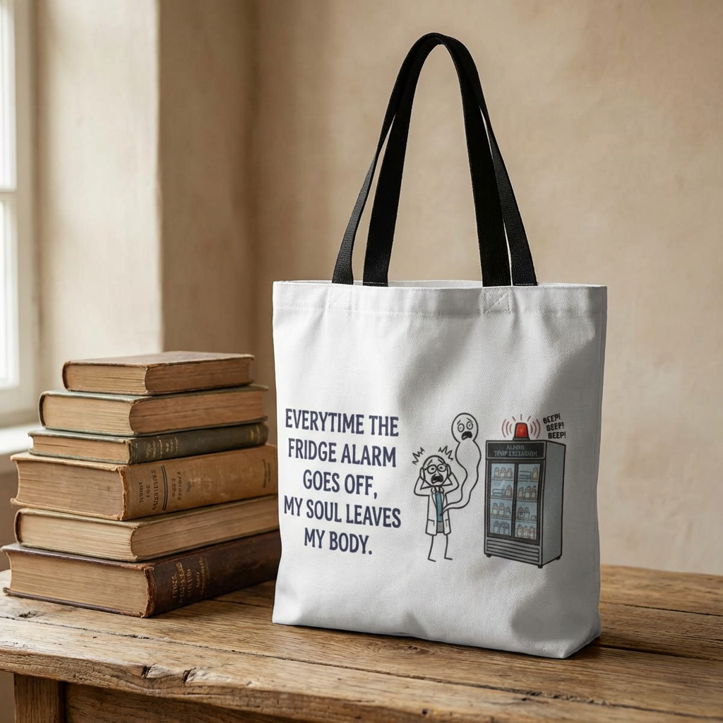 pharmacist/pharmacy tech gift- everytime the fridge alarm goes off, my soul leaves my body design. Polyester tote bag, 13x13/16x16"
