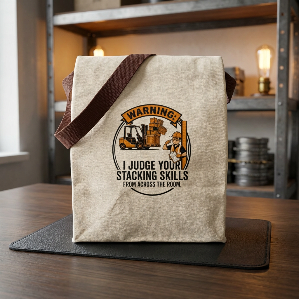 Funny Forklift Operator Gift- "Warning: I judge your stacking skills from across the room" design- Canvas Lunch Bag
