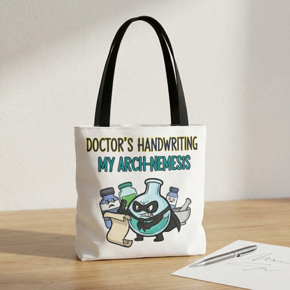 Pharmacist/Pharmacy tech gift with doctor's handwriting: my arch nemesis design on a polyester tote bag 13x13/16x16"