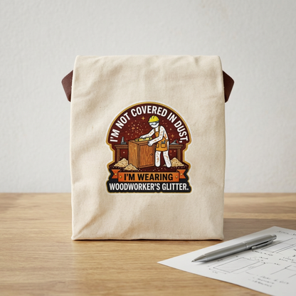 Funny Woodworker/Woodworking Gift— “I’m not covered in dust, I’m wearing woodworker’s glitter” design- Canvas Lunch Bag