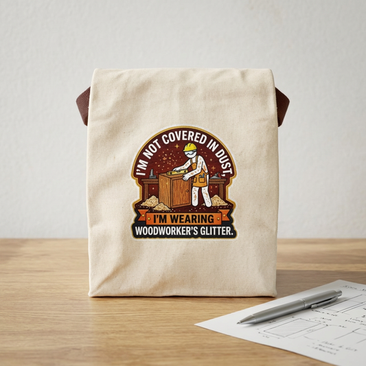 Funny Woodworker/Woodworking Gift— “I’m not covered in dust, I’m wearing woodworker’s glitter” design- Canvas Lunch Bag