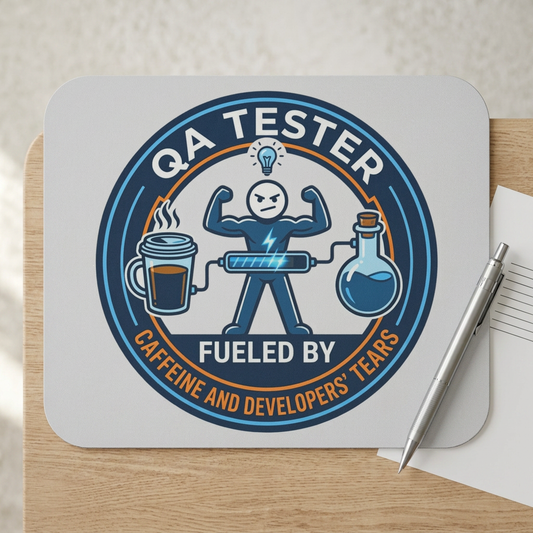 QA(Quality Assurance) Tester Funny Design- "Fueled by caffeine and developers' tears" - 9x8" Mousepad