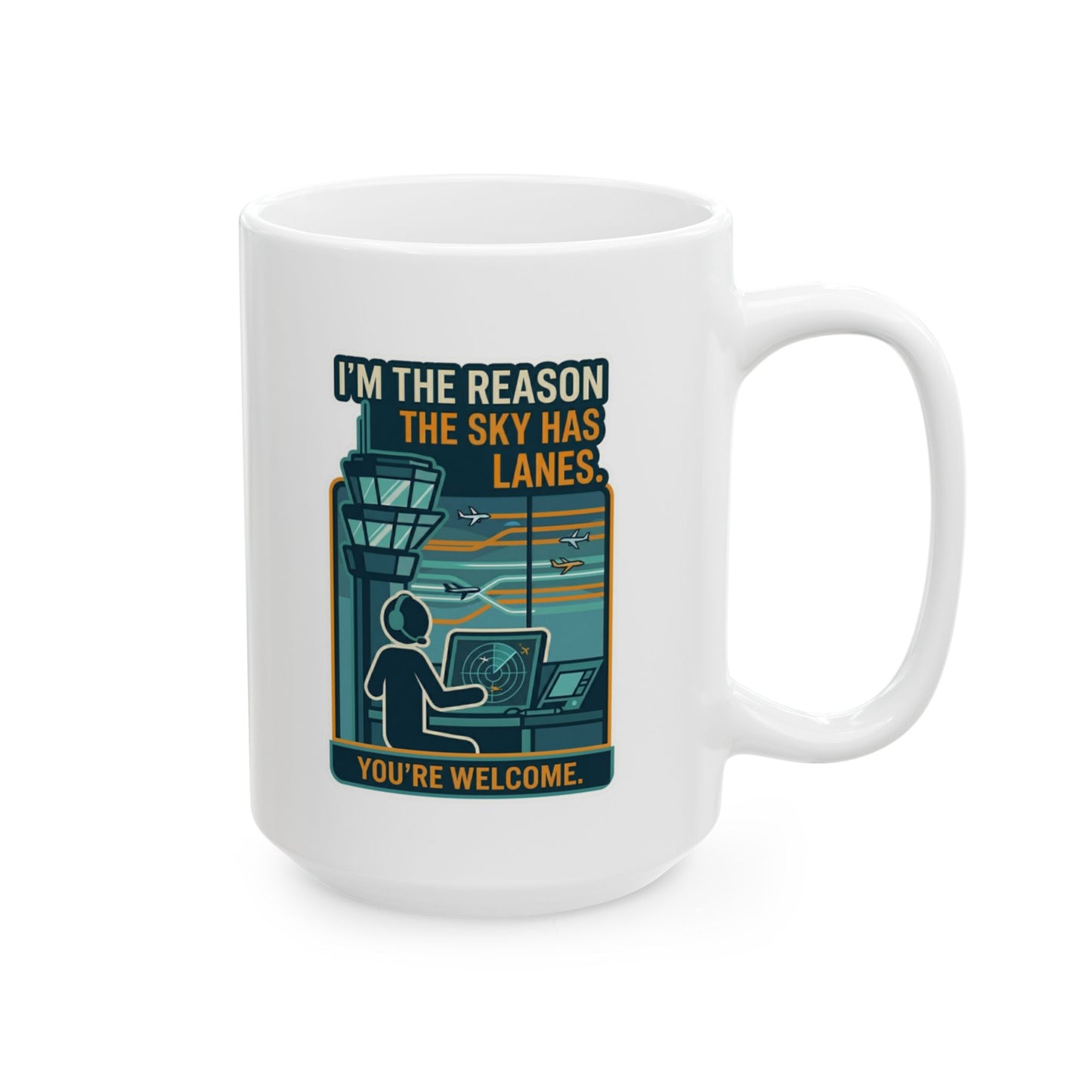White mug with a graphic design and text on a white background