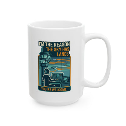 White mug with a graphic design and text on a white background