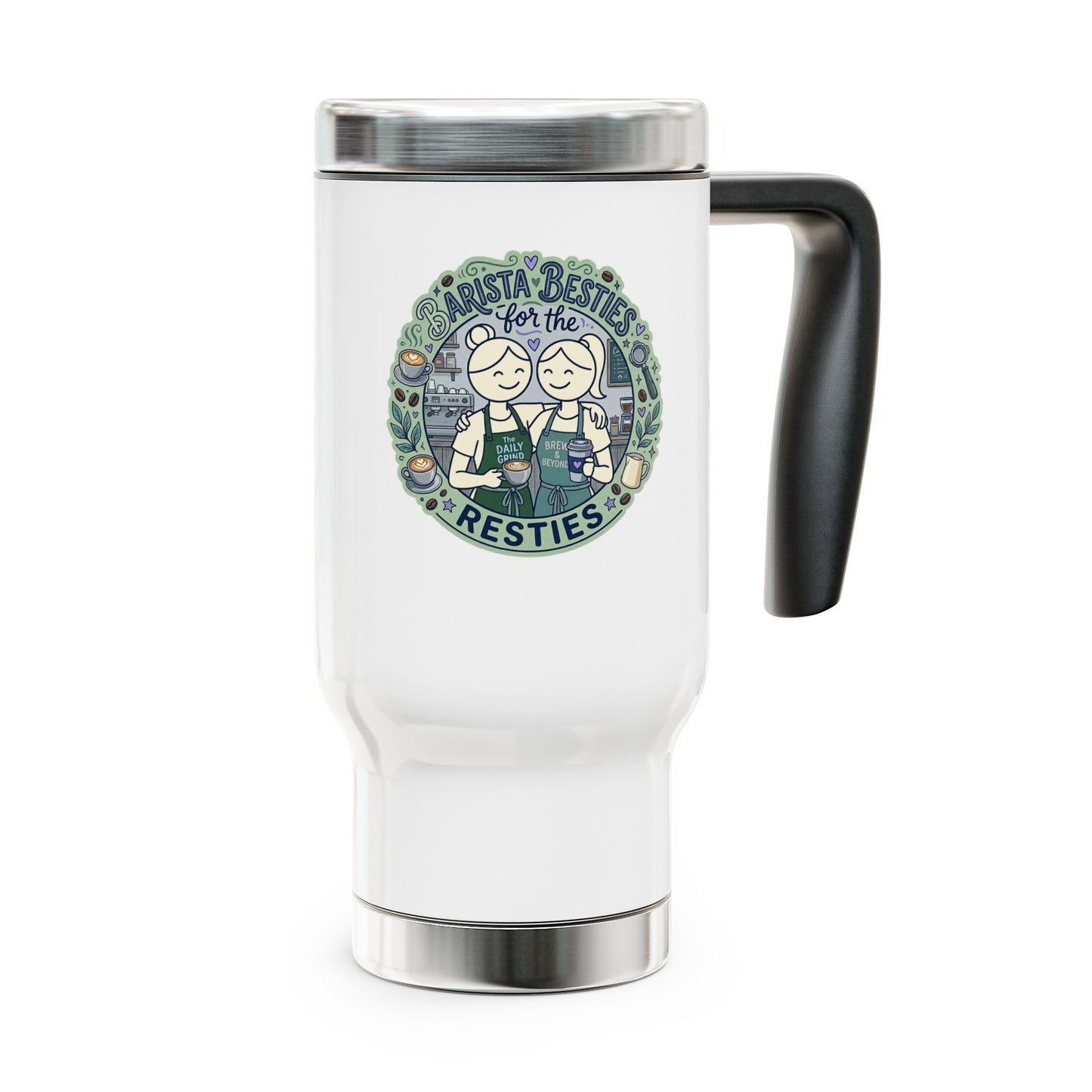 White travel mug with a handle featuring a graphic design on a white background