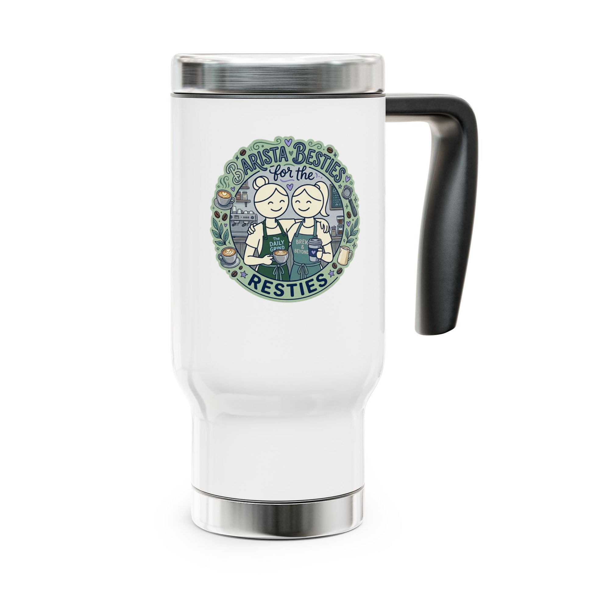 White travel mug with a handle featuring a graphic design on a white background