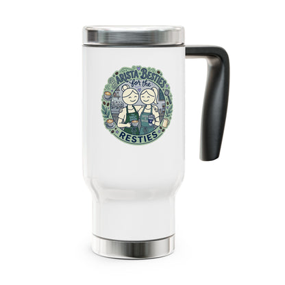 White travel mug with a handle featuring a graphic design on a white background