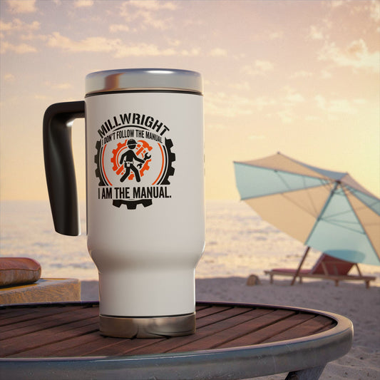Travel mug with a millwright design on a beach table with a sunset in the background