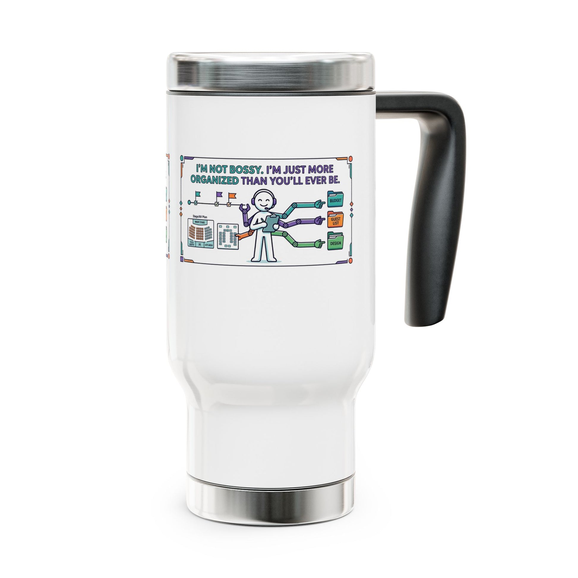 White travel mug with a black handle featuring a graphic design on a white background