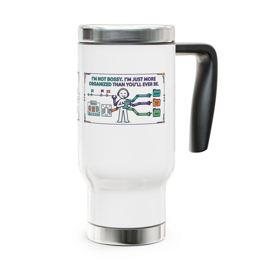 White travel mug with a black handle featuring a graphic design on a white background