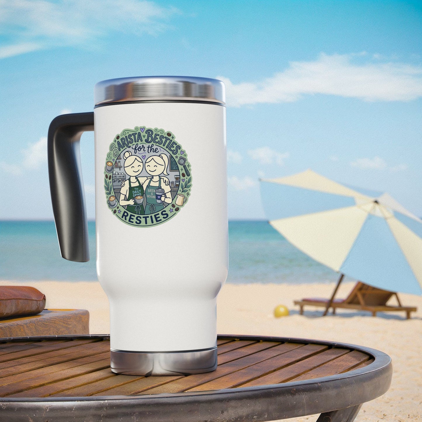 White travel mug with a design on a wooden table at a beach.