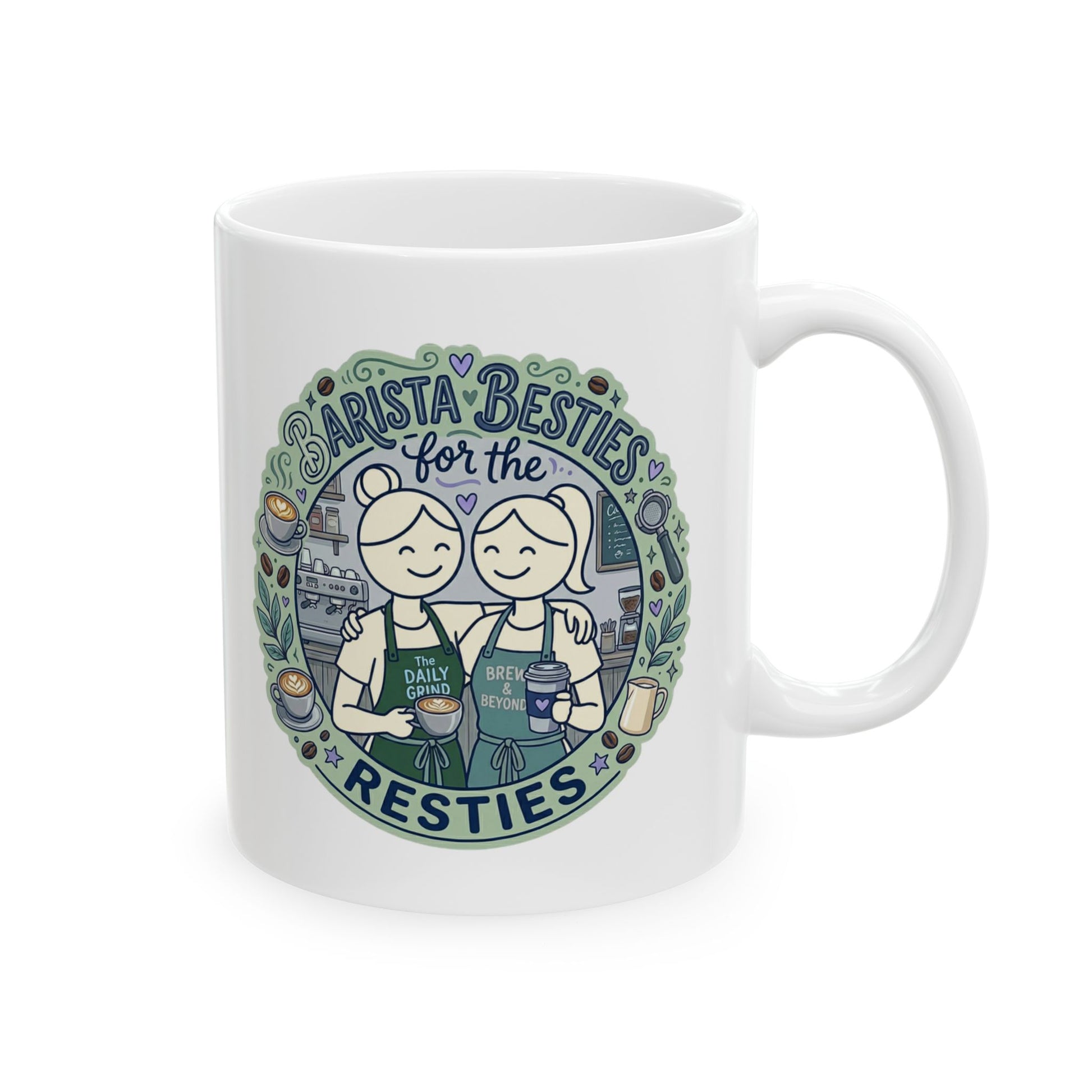 White mug with barista-themed design featuring two illustrated baristas and text on a white background